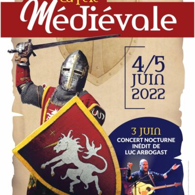 Chevalier protégé par son bouclier prêt à attaquer avec son épée sur l'affiche de la fête médiévale de Dourdan les 4 et 5 juin 2022