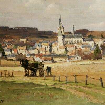 Dourdan vue depuis la route de l'Ouye, huile sur toile signée Robert Chailloux (1913-2006), 1943-1945, don de l'artiste, n° Inv. 1999.2.1 © Musée du château de Dourdan / AD91-Yves Morelle